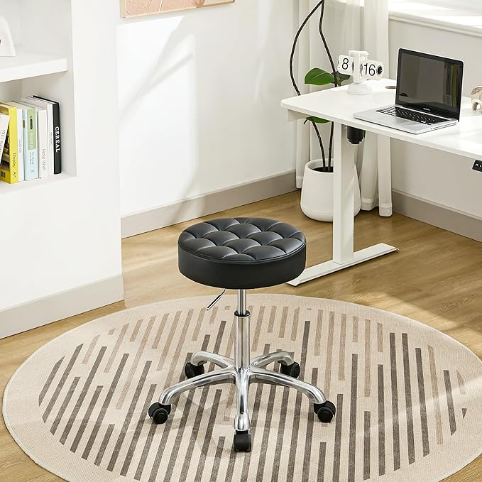 Rolling Stools with Wheels (300lbs Capacity) (Adjustable Height 20"-27") Black Leather Tattoo Vanity Massage Stool (Black)