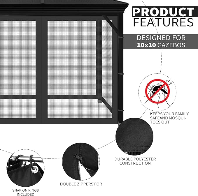 Gazebo Universal Replacement Mosquito Netting, 10' x 10' Outdoor Mesh Netting Screen 4-Panel Sidewall with Zipper for Patio, Canopy, Garden and Backyard, Black(Mosquito Net Only)