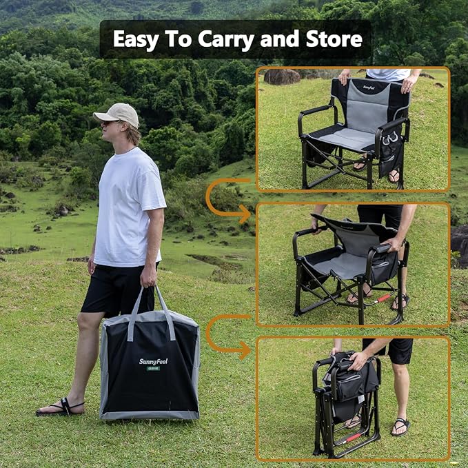 SUNNYFEEL Oversized Camping Directors Chair Blue Portable Folding Chair for Adults Support 600lbs with Side Pocket and Side Table for Beach, Fishing, Trip, Picnic, Lawn, Outdoor Foldable Camp Chairs