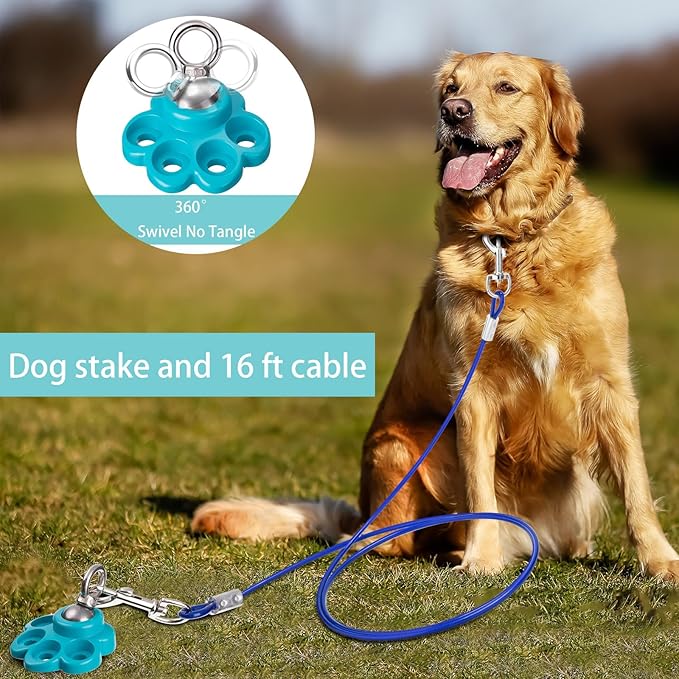 360° Swivel Dog Tie Out Cable and Stake Stainless Steel Heavy Dog Stake 1200 Lbs of Pull Force, Rust Proof No Tangle Holds for Yard Outdoor Camping, Contains Screws (Blue)