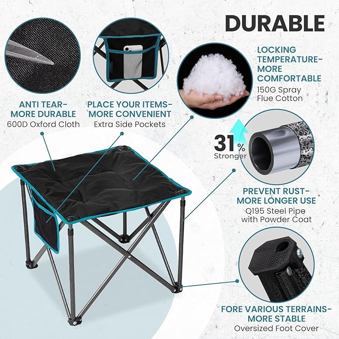 FUNDANGO Folding Camping Stool, 18.1 Inch Oversized Foot Stools 400 Lbs Heavy Duty Portable Padded Seat Anti-Slip Foots & Carry Bag for Fishing Outdoor Lawn Travel (Black)