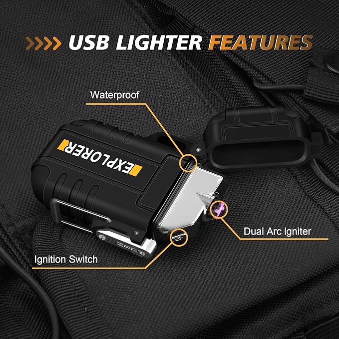 Lafagiet Waterproof Arc Lighter, Outdoor Dual Plasma Arc Lighter, USB Rechargeable Flameless Electric Lighters for Camping, Hiking, Survival Tactical (F13-Black)