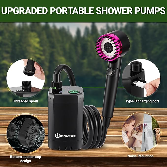 Upgrade Portable Camping Shower, 6000mAh Rechargeable Electric Shower Pump with Intelligent Digital Display Multiple Spray Modes Filtered Shower Head with Handheld for Outdoor Hiking, Travel