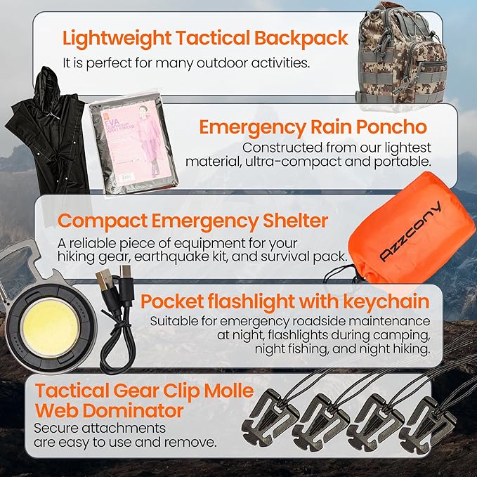 Emergency Survival & First Aid Kit & Tourniquet - 250 PCS Go Bugout Bag Survival Gears with Compass Flashlight Shovel - Tactical Military Grade EDC Backpack for Outdoor Camping Scout