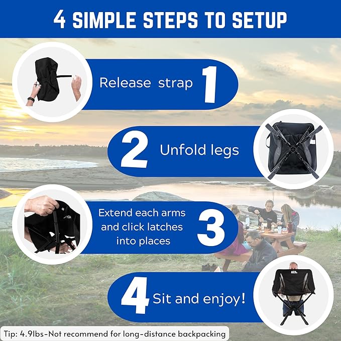 ADJ-S2 Portable Camping Chair - Adjustable Height Folding Chair, Compact Collapsible Chair Setup in 8s, Outdoor Chair for Camping, Beach, Sports/Music Events, Supports 330LBS - Black 2025 Edition
