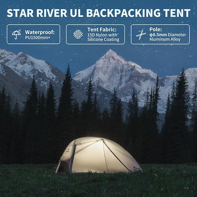 Naturehike Star River UL 2 Person Backpacking Tent, Double Layer Waterproof Two Person Tent, Lightweight Backpacking Cycling 2 Person Tent