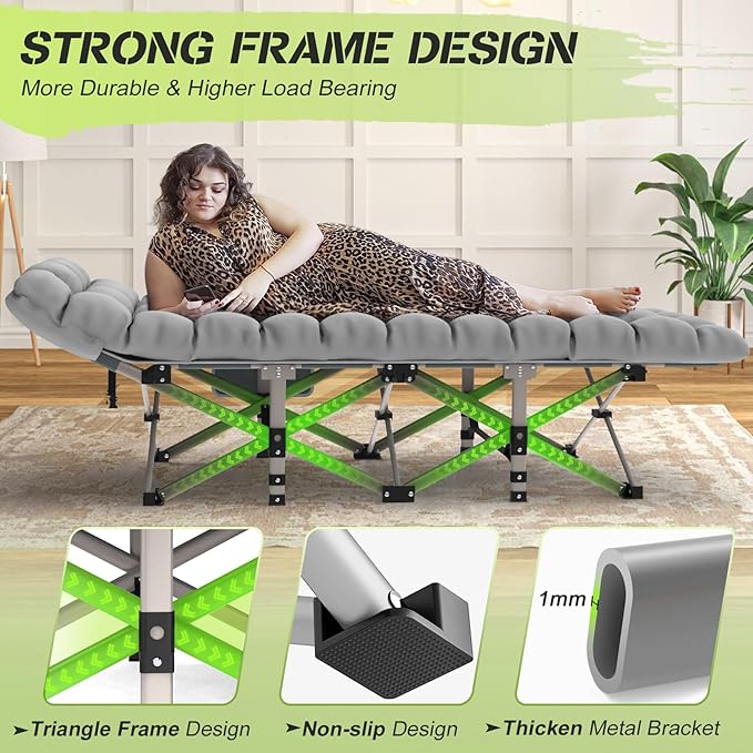 Suteck Camping Cot, Folding Camping Cot Bed for Adults Sleeping 1200D Double Layer Oxford Portable Folding Outdoor Cots for Camping W/Soft Pad Carry Bag for Home Office Nap Beach Travel, 500LBS,Grey