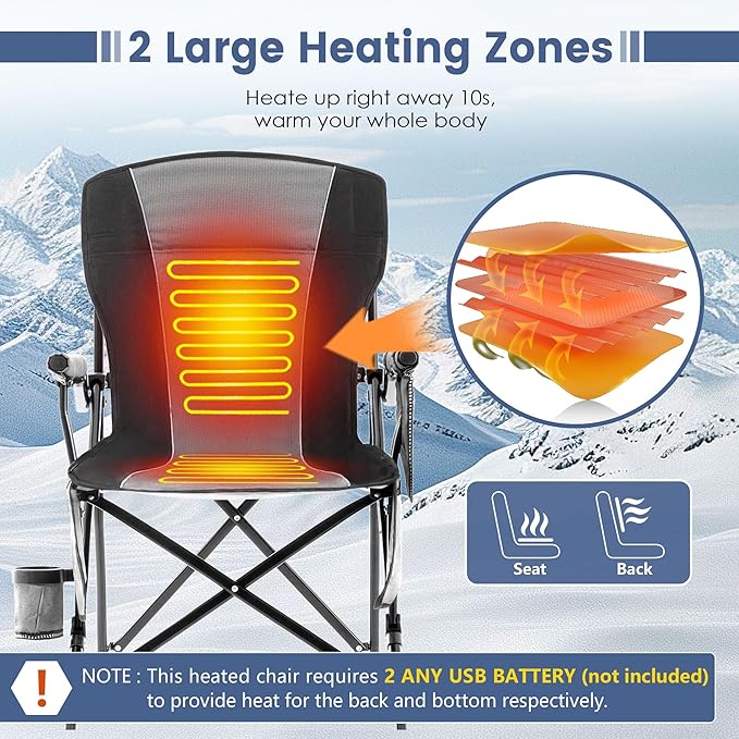 Lamberia Heated Camping Chairs for Adults, Camping Chairs, Portable Heated Chairs for Outdoor, Folding Chairs,Heavy Duty Lawn Chairs for Adults, with Cup Holder,Battery Not Included,Grey