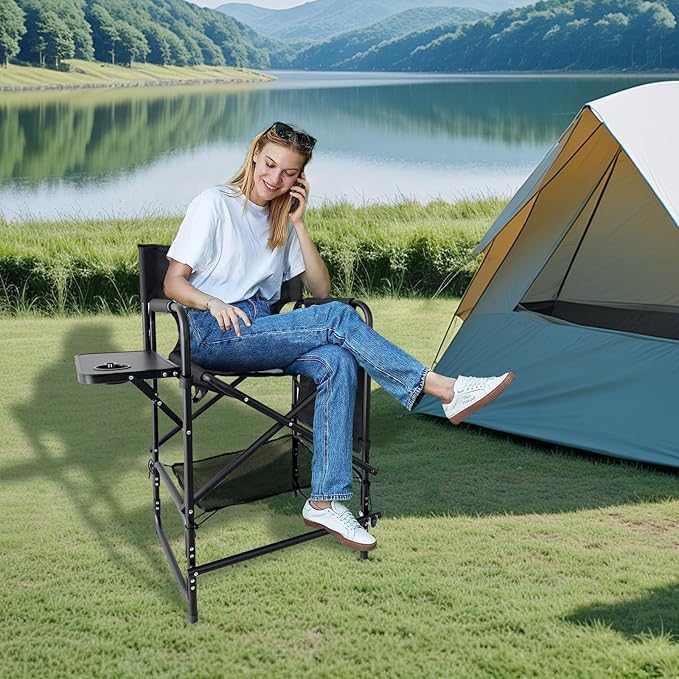 Tall Folding Directors Chair with Side Table 26.77" Seat Height Foldable Camping Chair Bar Stool for Makeup Artist Face Painting with Footrest and Storage Pocket Supports 350LBS