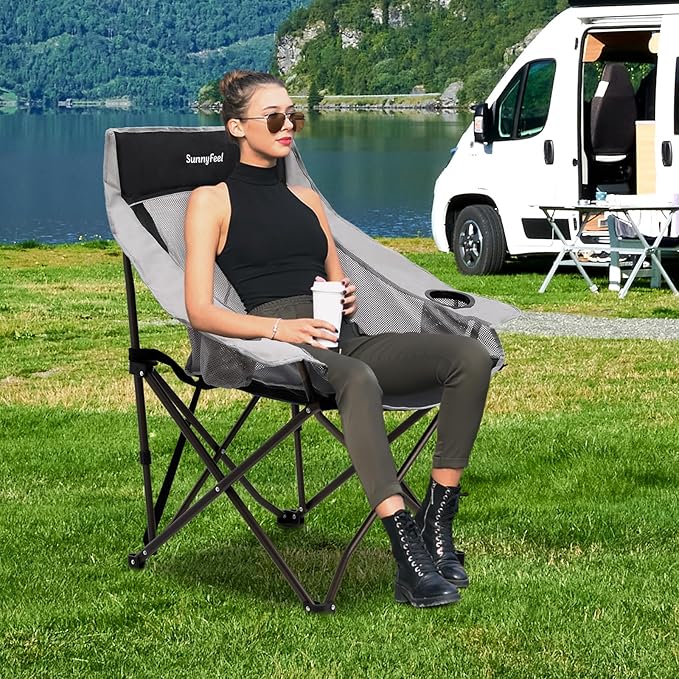 SUNNYFEEL Lightweight Oversized Camping Chairs for Adults Portable Folding Chair with Side Pockets & Cup Holde for Beach,Fishing,Trip,Picnic,Lawn,Concert Outdoor, Carry Bag Included