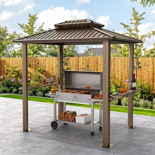 Hoteel 6x8 Hardtop Grill Gazebo, Outdoor Patio BBQ Gazebo with Galvanized Steel Double Roof, Hardtop Barbecue Canopy with 2 Side Shelves for Deck Lawn Backyard Garden,Brown