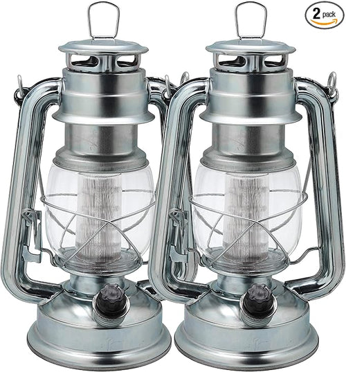 YAKii LED Vintage Metal Hanging Hurricane Lantern - 12 LED Dimmer Switch Cold White Battery Operated for Power Outage Indoor Camping Lighting Outdoor Brooklyn (Silver 2 Pack)