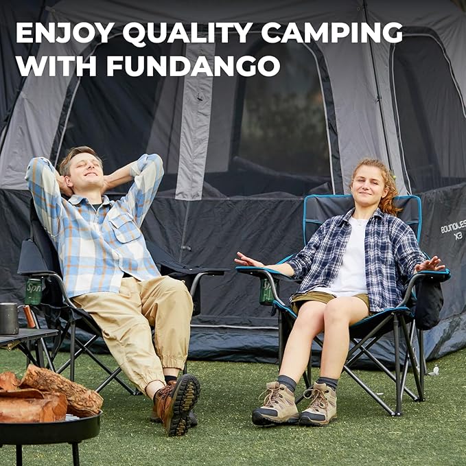 FUNDANGO Oversized Camp Chair, 2 Pack,550lbs Heavy Duty Portable Foldable Lawn Chair with Padded Lumbar Support Seat & Back, 4-can Cooler & Cup Holder, Carry Bag Included for Outdoor (Black/Grey)