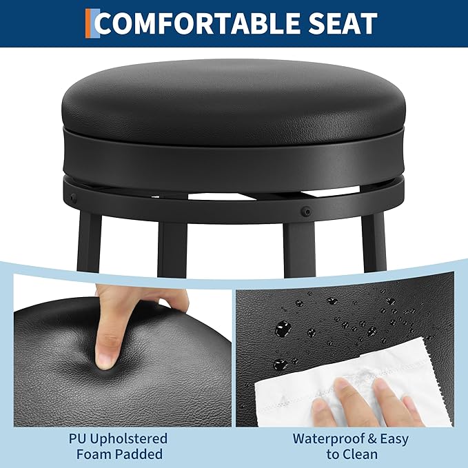IDEALHOUSE 30'' Swivel Bar Stools Set of 2 with Footrest, Modern Counter Height Barstools with PU Leather Upholstered and Metal Frame, Backless Round Bar Stools for Kitchen Island, Black