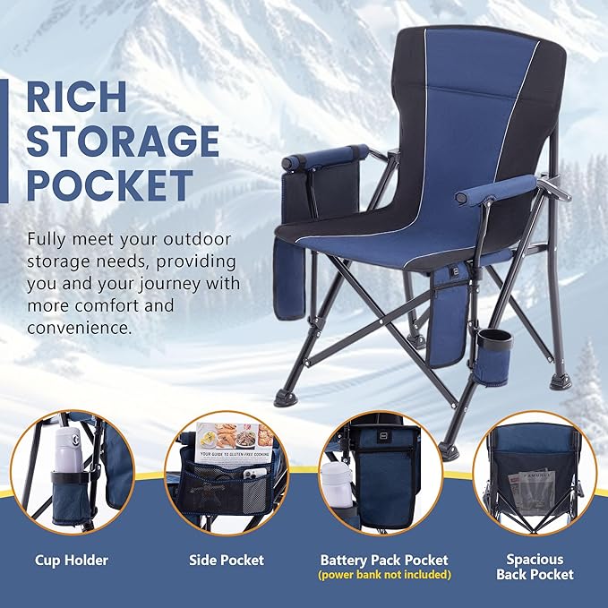 Lamberia Heated Camping Chairs for Adults, Camping Chairs, Portable Heated Chairs for Outdoor, Folding Chairs,Heavy Duty Lawn Chairs for Adults, with Cup Holder,Battery Not Included,Blue