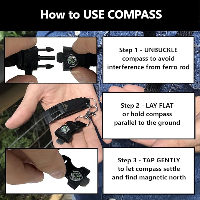 5-in-1 Tactical Keychain Lanyard for Hiking Fishing Hunting & Outdoor Emergencies | Multipurpose Survival Safety Tool with Compass, Emergency Whistle, Fire Starter (2 Pack Black/Orange)