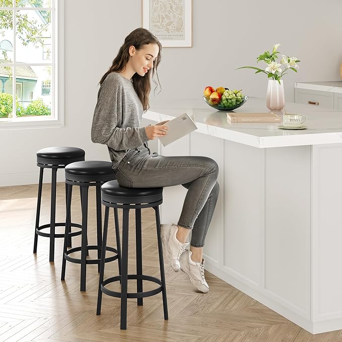IDEALHOUSE 30'' Swivel Bar Stools Set of 2 with Footrest, Modern Counter Height Barstools with PU Leather Upholstered and Metal Frame, Backless Round Bar Stools for Kitchen Island, Black