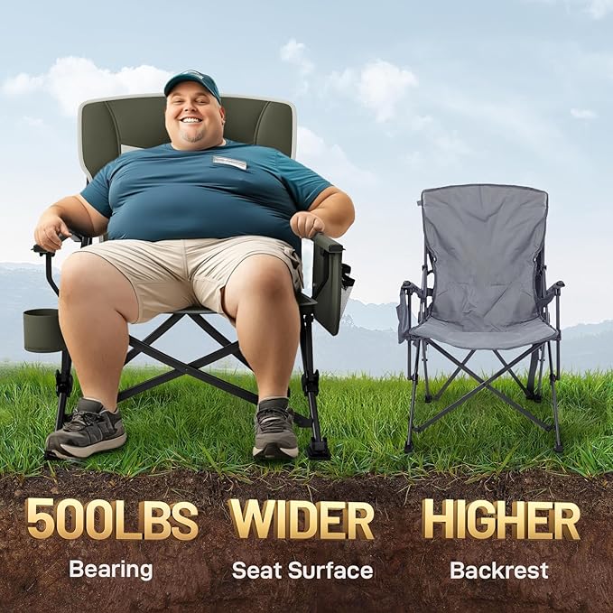 EVER ADVANCED Oversized Folding Camping Chair, for Adults Heavy Duty Lawn Chair with Side Pockets, Portable Collapsible Quad Chair for Outside, Support Up to 500lbs, Green