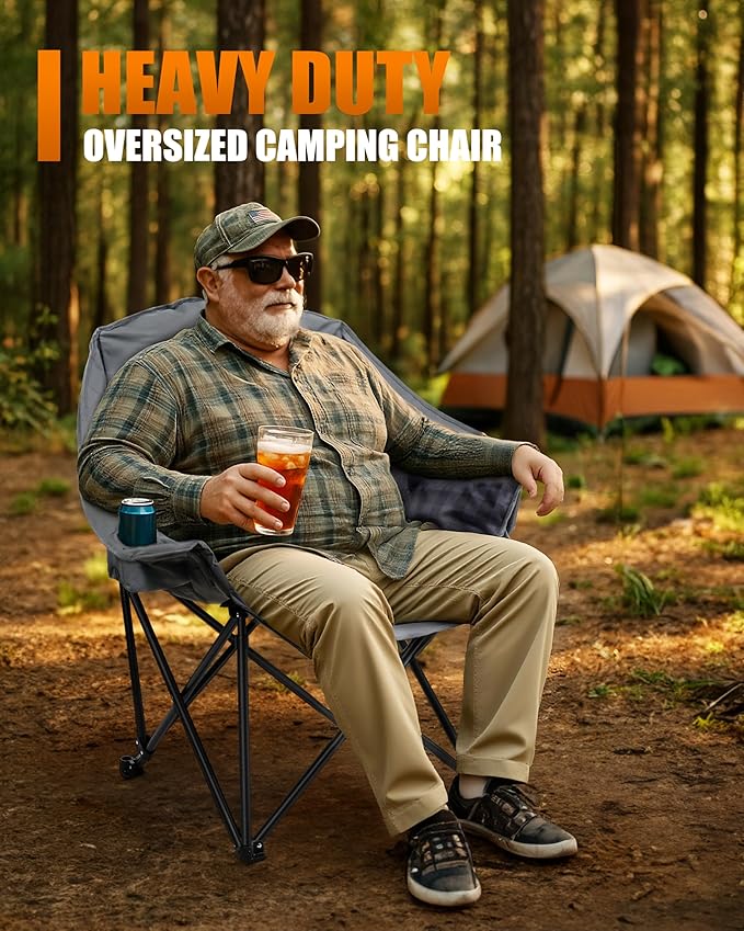 Oversized XL Camping Chair for Adults, Heavy Duty Padded Folding Camp Chairs with Cup Holder, Supports 500lbs, Large Outdoor Widen Comfy Lawn Chairs for Tailgating Sports Beach Yard