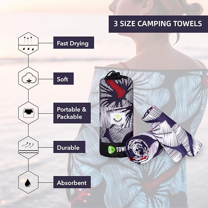 4Monster Camping Towels 3 Size at 1 Pack,Quick Dry Microfiber Towel,Beach Travel Towel Ultra Compact,Soft Gym Towel for Hiking Yoga Travel Sports Backpacking Trip and Pool