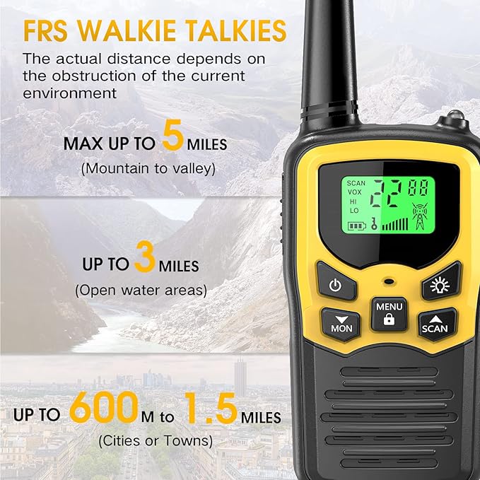 Walkie Talkies with 22 FRS Channels, MOICO Walkie Talkies for Adults with LED Flashlight VOX Scan LCD Display, Long Range Family Walkie Talkie for Hiking Camping Trip (Yellow, 4 Pack)