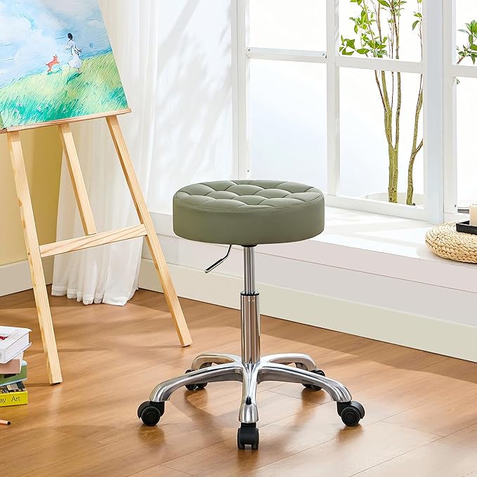 Swivel Rolling Stool Adjustable Height 20"-27" (Sturdy Aluminum Base) (Quiet Wheels) Salon Stools for Hair Stylist (Green)