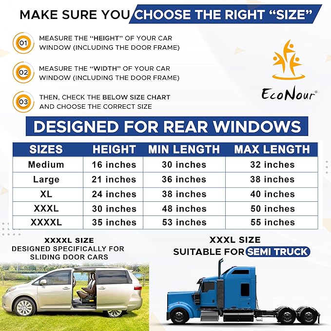 EcoNour XXXL Truck 2-Pack Side Window Shade | Front Side Windows Protects UV Rays and Sun Glare | Stretchable & Breathable Mesh Sunshade for Kenworth T680, Peterbilt 579, 589 | Driver Window Screens