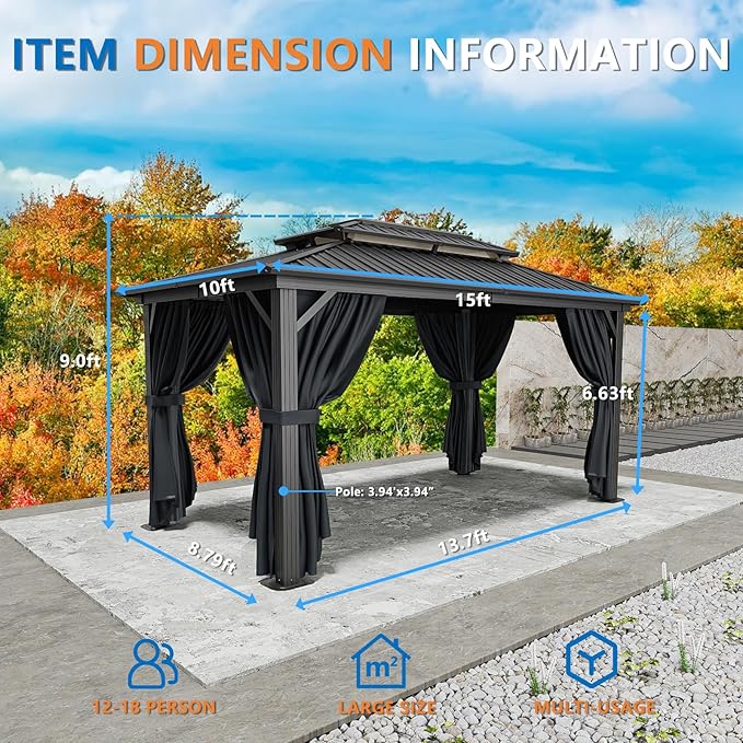 HOTEEL 10x15 Hardtop Gazebo on Clearance with Heavy Duty Galvanized Steel Double Metal roof,Aluminum Frame,Patio Gazebo with Curtains and Netting,Outdoor Permanent Gazebo Pavillon for Backyard,Black