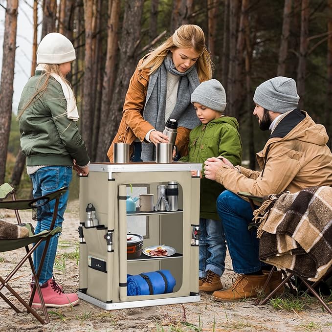 EAGLE PEAK Outdoor Folding Camping Table with Large 3-Tier Storage Organizer and Side Pockets, Easy Set Up Portable Aluminum Camping Kitchen, Beige