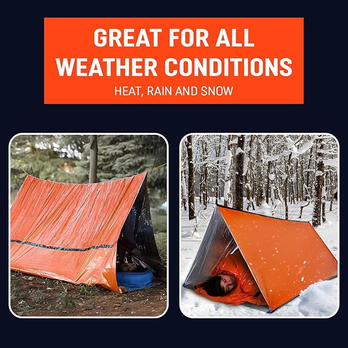 Emergency Survival Tent Life Shelter 2 Person Mylar Tube Tents Tarp with Whistle & Paracord Year-Round All Weather Protection for Car Outdoor Hiking Camping Gear Equipment and First Aid Supplies