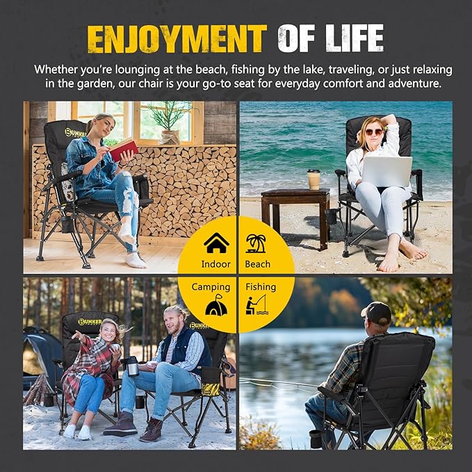 BUNKER INDUST Folding Camping Chair, Oversized with Padded Cushion, Outdoor Chair with Cup Holder Storage Pockets, Adjustable High Backrest Supports 450 LBS for Garden Beach Fishing Lawn