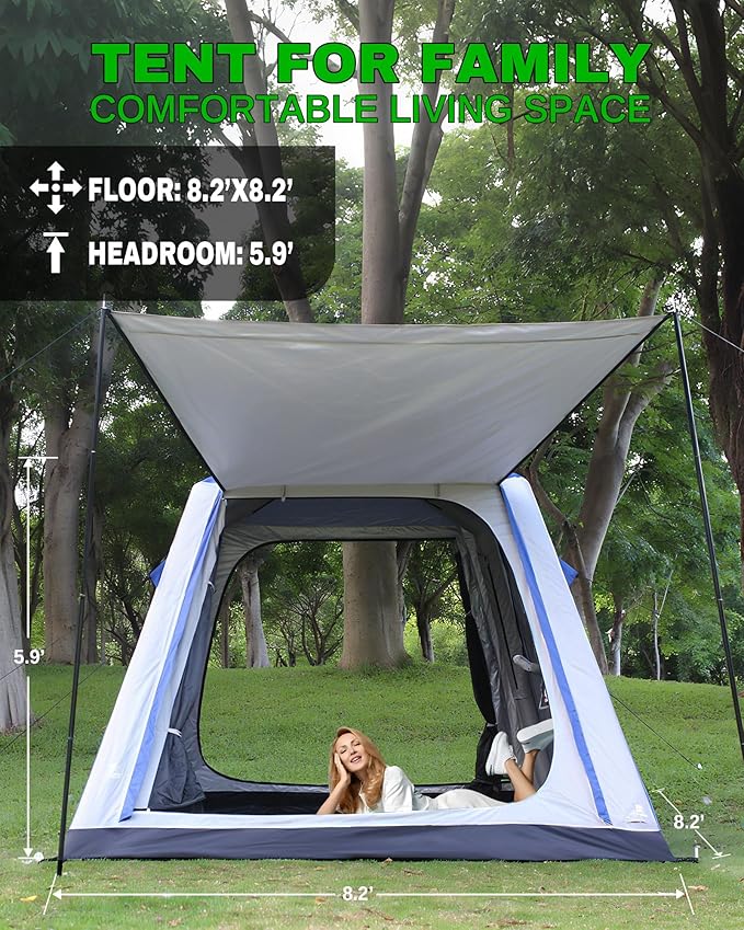 Inflatable Tent for Camping, 8.2x8.2FT Large 4-6 Person Blow up Tent with 2 Doors and 4 Screen Mesh Panels, Footprint Included(Sapphire & Light Gray)