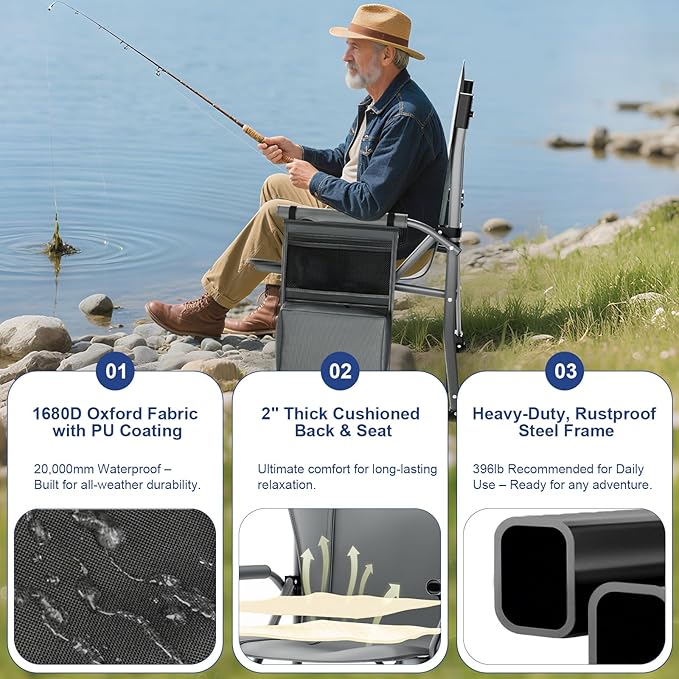 XL Heavy Duty Camping Chair 396lb Capacity (525lb MAX) - Waterproof 1680D Oxford - Oversized 2" Thick Padded Seat with Cup Holder & Cooler - Portable for Camping, Beach, Tailgating Slate/Navy