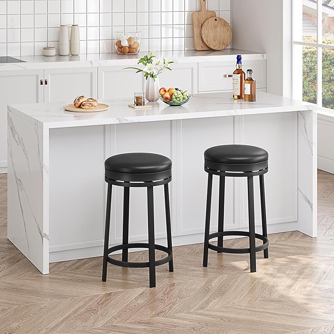 IDEALHOUSE 24'' Swivel Bar Stools Set of 2 with Footrest, Modern Counter Height Barstools with PU Leather Upholstered and Metal Frame, Backless Round Bar Stools for Kitchen Island, Black