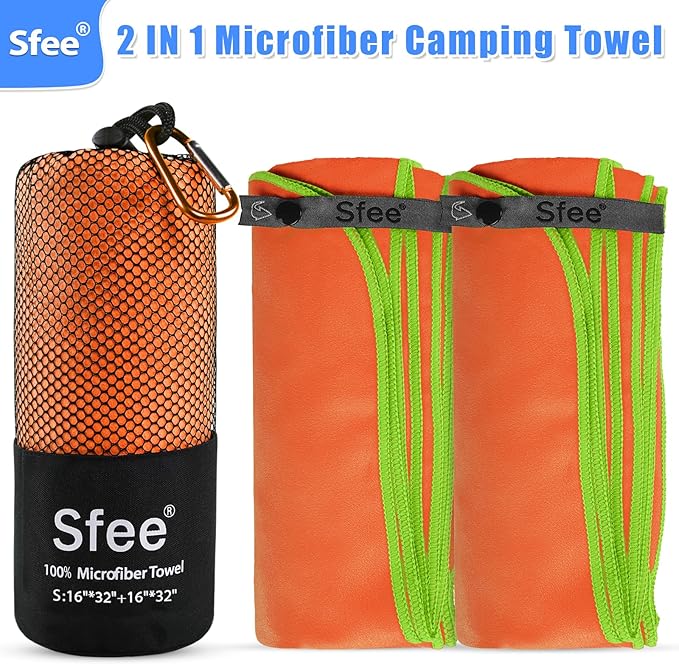 Sfee 2 Pack Microfiber Travel Towel, Quick Dry Towel Camping Towel Beach Towel Super Absorbent Compact Lightweight Sports Towel Gym Towel Set for Beach, Gym, Hiking, Pool, Backpacking, Bath, Yoga