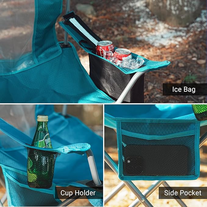 Camping Folding Chair Outdoor Lawn Portable Lightweight Camp Folding Chairs for Adult Outside with Cup Holder, Cooler Pouch & Side Pocket for Camping, Beach, Fishing, Sports or Tailgating Events