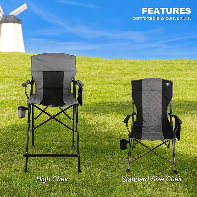 LANMONTAIN Extra Tall Directors Chair,Foldable w/Cup Holder,Side Mesh Pocket,Comfy Bar Height Camping Chairs for Adults,Heavy Duty Supports 350 Lbs,Hard Arm,Black&Grey