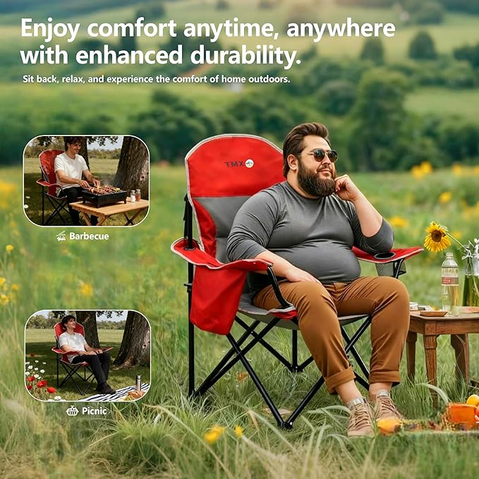 XMT Extra Wide Armrests Portable Folding Chair with Cup Holder Cooler Bag Heavy Duty 600D Oxford Fabric Supports 450lbs Compact Foldable Camping Chair for Outdoor Beach Picnic Sports