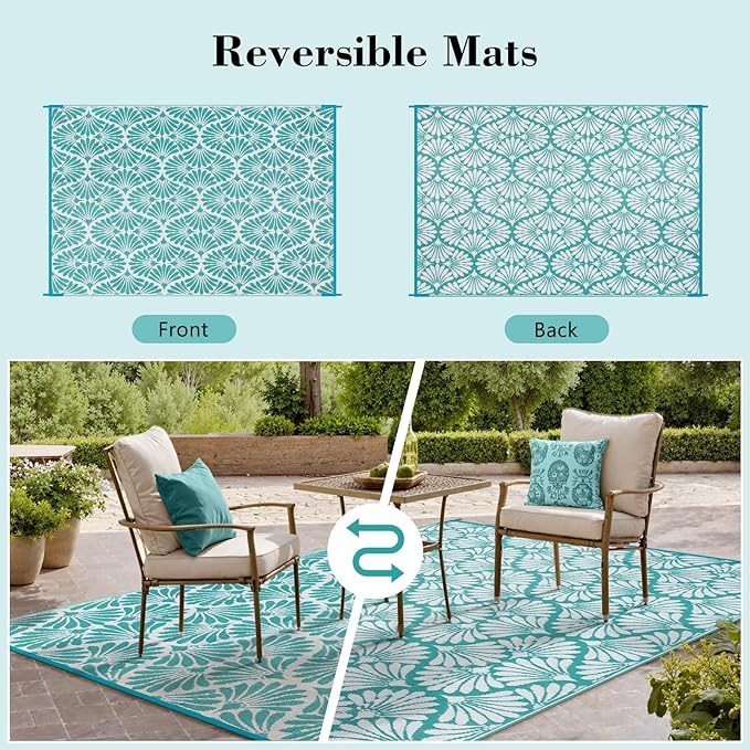 Lahome Outdoor Plastic Straw Rugs 8x10 Waterproof, Reversible Rv Outdoor Rugs for Camping, Large Outside Carpet for Camper Picnic Beach Pool Patio Deck, Teal 8'x10'
