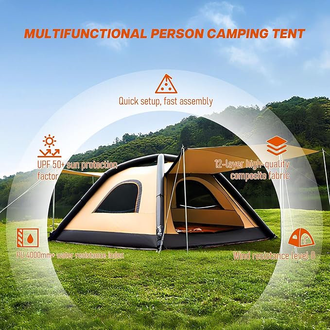 Automatic Inflatable Tent for Camping 4 Person, Pop Up Tents for Camping with 2-3 Min Set Up, Windproof Waterproof Tents with Mosquito Screen Window, Portable Tent for Traveling
