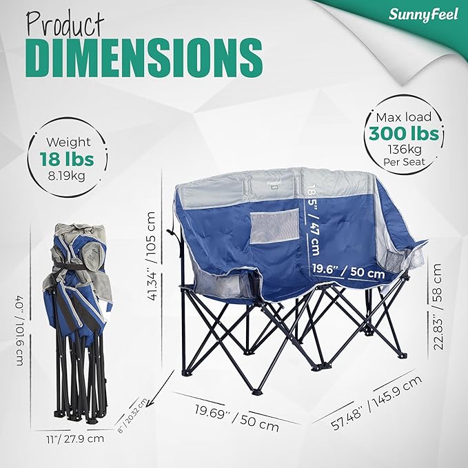 SUNNYFEEL Folding Double Camping Chair, Oversized Loveseat Chair, Heavy Duty Portable/Foldable Lawn Chair with Storage for Outside/Outdoor/Travel/Picnic, Fold Up Camp Chairs for Adults 2 People