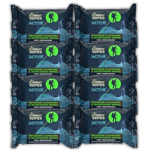 Combat Wipes ACTIVE Outdoor Wet Wipes - Extra Thick Camping Gear, Biodegradable, Body & Hand Cleansing/Refreshing Cloths for Backpacking & Gym w/Natural Aloe & Vitamin E (8 pack, 200 Wipes)…