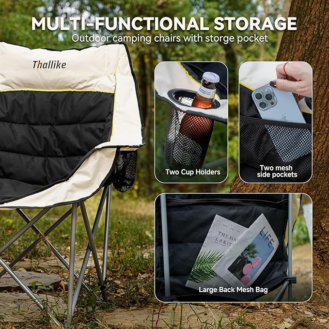 Oversized Camping Chair, Portable Folding Padded Camping Chairs with Cup Holder and Carry Bag, Heavy Duty Outdoor Camping Chairs for Adults, Up to 400Lb, for Fishing (Black-2 Pack)