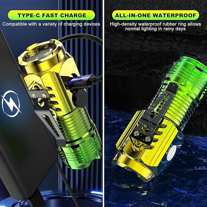 Mini Rechargeable Flashlight with Clip, Pocket LED Small Super Bright Flash Light with USB C Charging, EDC Magnetic Lightweight Tactical 5 Modes Lamp for Camping,Hiking,Emergency