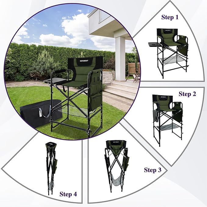 Tall Folding Directors Chair with Side Table 30.71" Seat Height Foldable Camping Chair Bar Stool for Makeup Artist Face Painting with Footrest and Storage Pocket Supports 350LBS