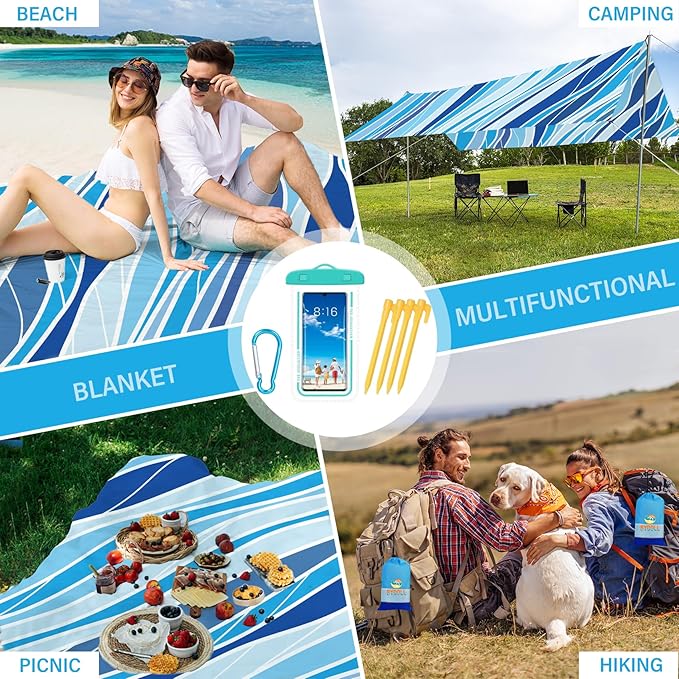 BYDOLL Beach Blanket Waterproof Sandproof 78''×81'' Suits1-4 Adults Compact Lightweight Oversized Sand-Free Blanket Large Picnic Mat for Beach Travel Camping Hiking
