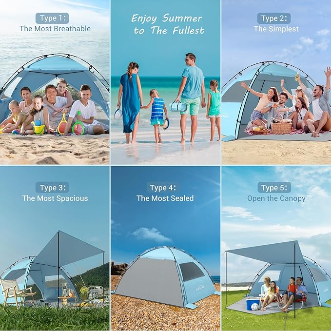 Elegear Beach Tent Sun Shelter with Canopy, 6-8 Person Beach Tent, Easy Setup UPF 50+ UV Protection Portable Lightweight Double Silver Coating Cabana Sun Shade Shelter - Sky Blue
