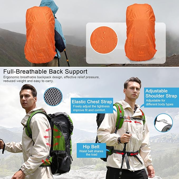ShowyLive 60L Waterproof Hiking and Camping Backpack for Men - Durable, Lightweight Large Hiking Backpack with Rain Cover, Multi Compartments, and Adjustable Straps, Blue