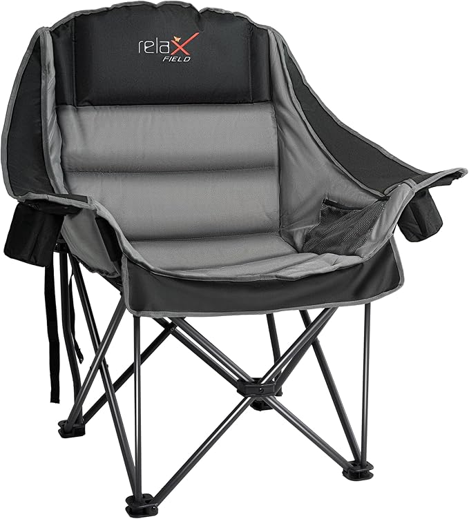Oversized Camping Chair, Portable Folding Padded Camp Chairs with Side Pocket, Cup Holder, Heavy Duty Support 500LBS Outdoor Lounge Chair for Adults, Fishing, Sports, Trip, Black