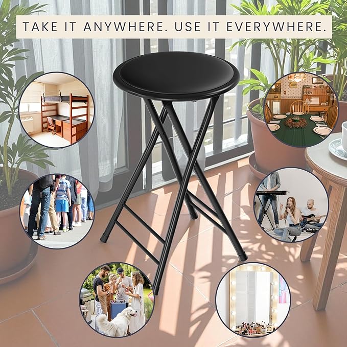 Folding Stool - Backless 24-Inch Stool with 225lb Capacity for Kitchen or Rec Room - Portable Indoor Counter Bar Stools by Lavish Home (Black)